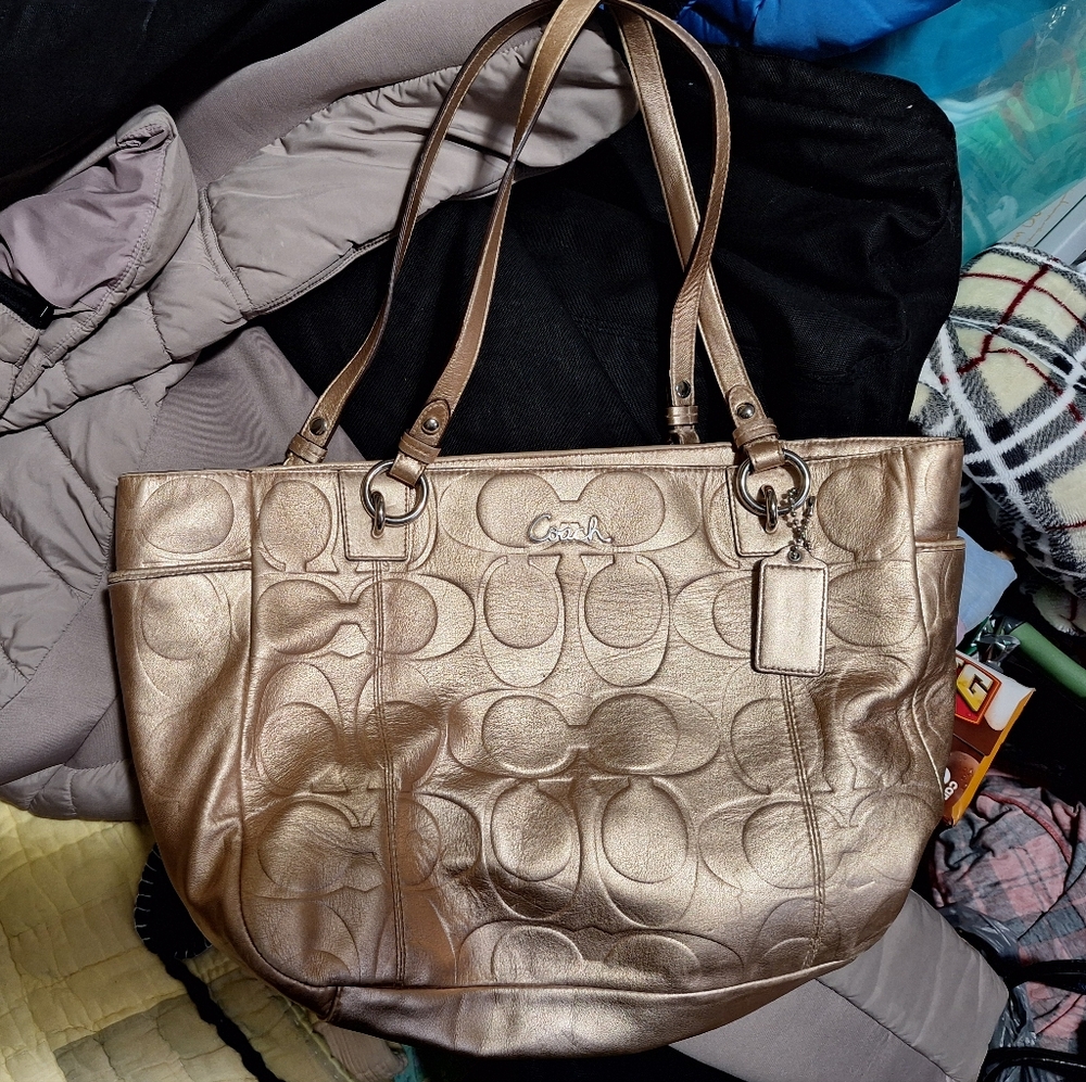 Coach Signature Embossed Gold Metallic Gallery Tote Handbag